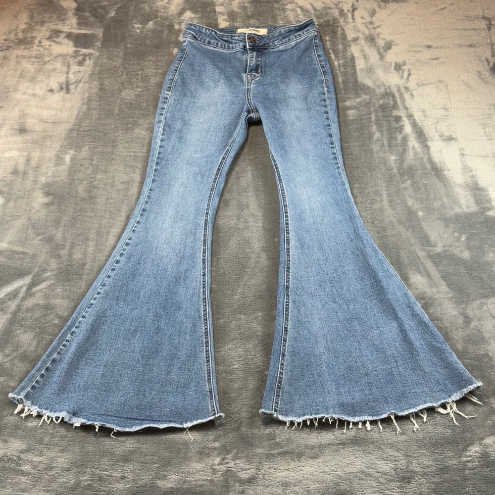 Rock & Roll Denim Bargain Button Bell Flare Jeans Medium Wash Raw Hem Size 25